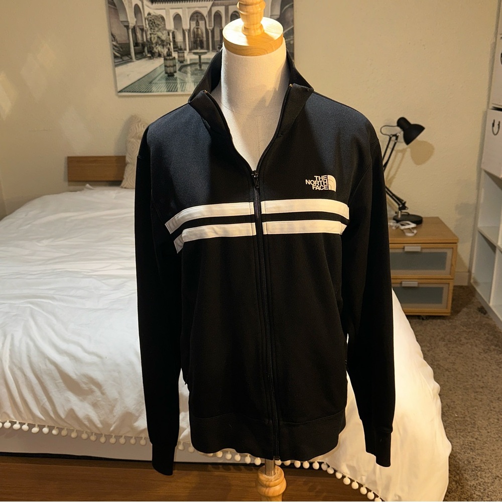 The North Face | Men's Black Full Zip Front Collared Sweater Jacket White Stripe